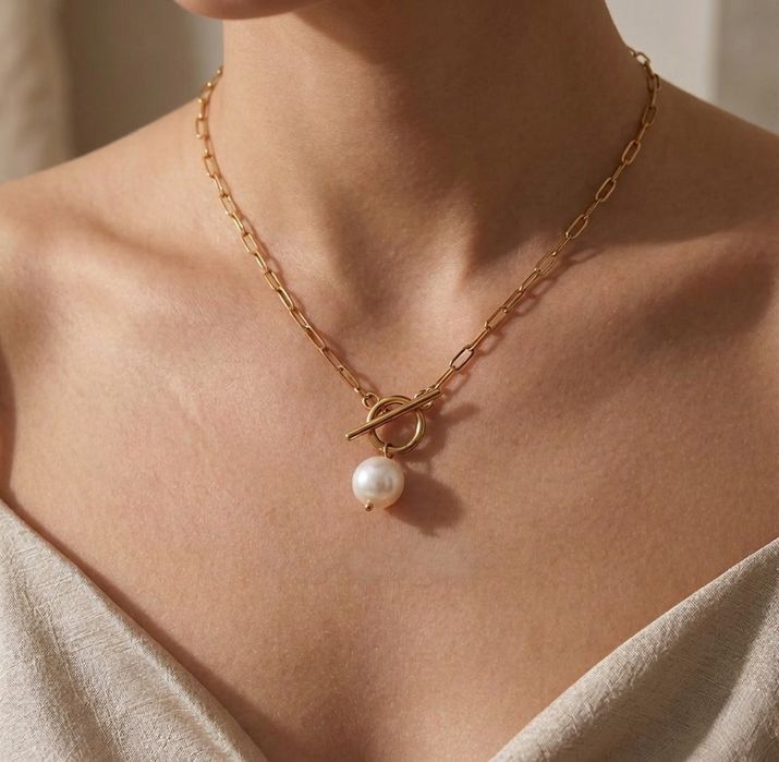 Naszyjnik z naturalną perłą, toggle stal chirurgiczna 24k, komplet prezentowy różowy