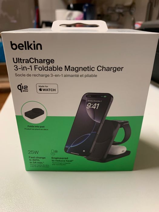 Belkin UltraCharge 3 em 1 Qi2 25W – NOVO/SELADO – iPhone/Apple Watch/AirPods