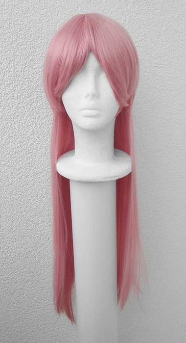 Długa prosta peruka różowa cieniowana z grzywką długi cosplay wig