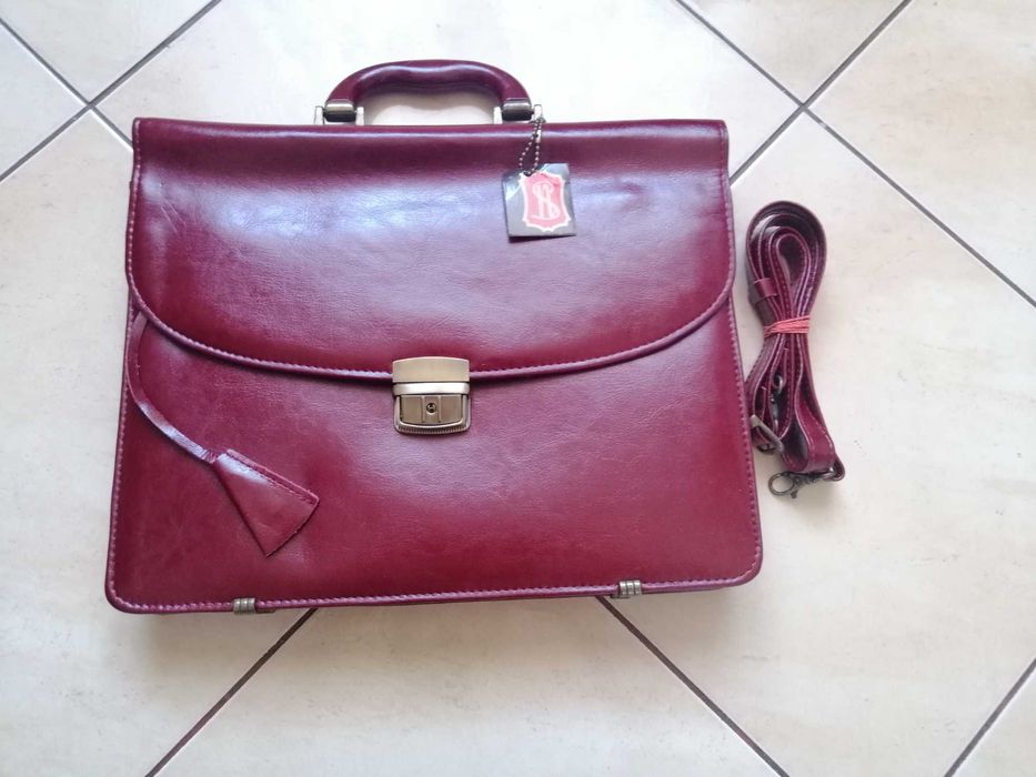 Nowa skórzana aktówka teczka dyplomatka bordowa A4