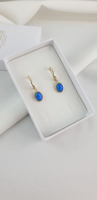 Złote wiszące kolczyki z  niebieskim opalem 585 nowe Zapięcie angielsk