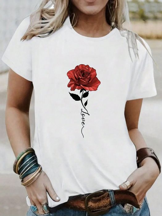 T-Shirt Z Nadrukiem Róży Biały Casual Shein Xl 42