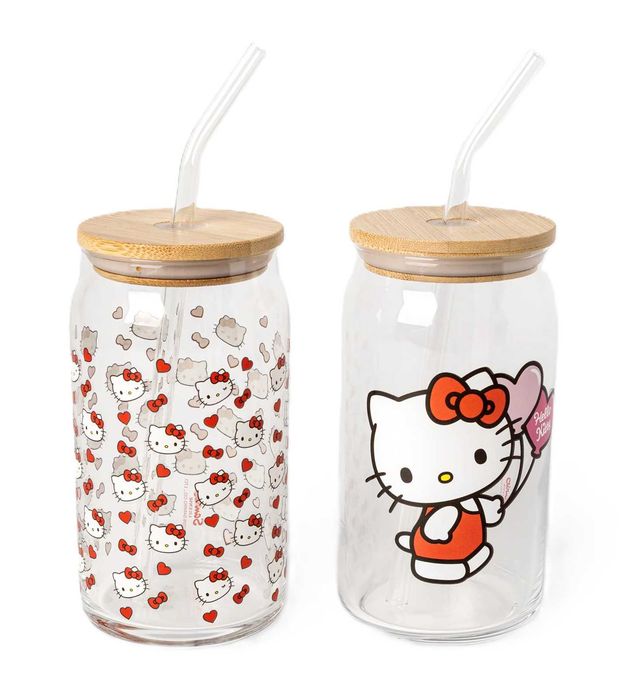 Zestaw 2 szklanych kubków ze słomkami Hello Kitty kolekcja Pepco