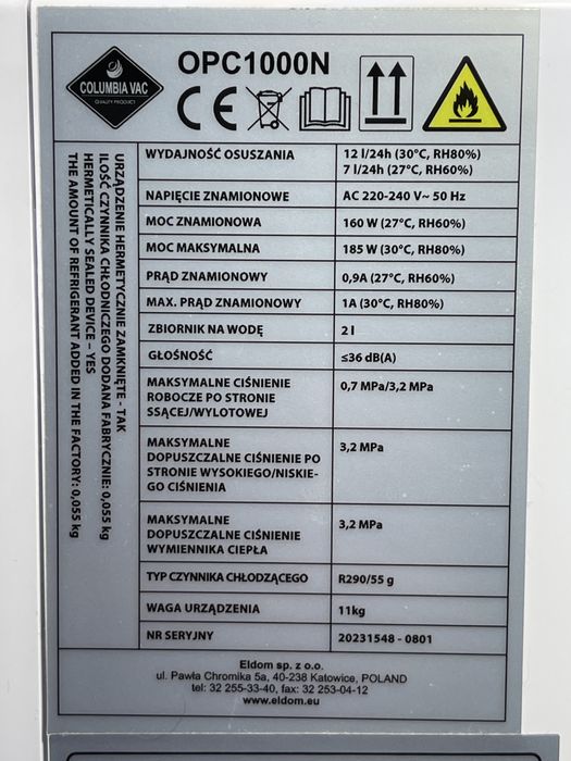 Osuszacz powietrza, pochlaniacz wilgoci ELDOM COLUMBIA VAC OPC1000N