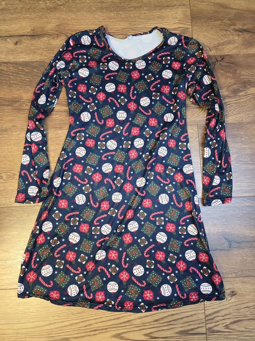 Sukienka świąteczna dla dziewczynki r. 134 - 140 bombki prezenty