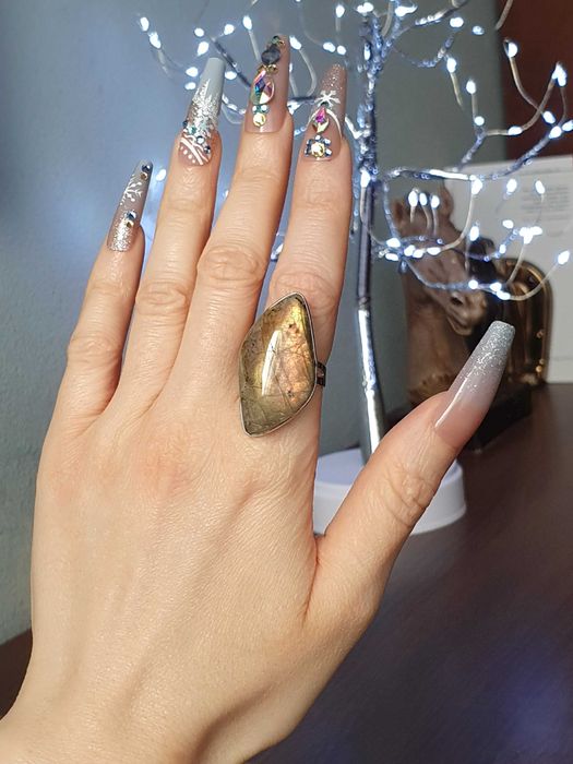 Anel com labradorite / labradorita amarelo e laranja - ajustável