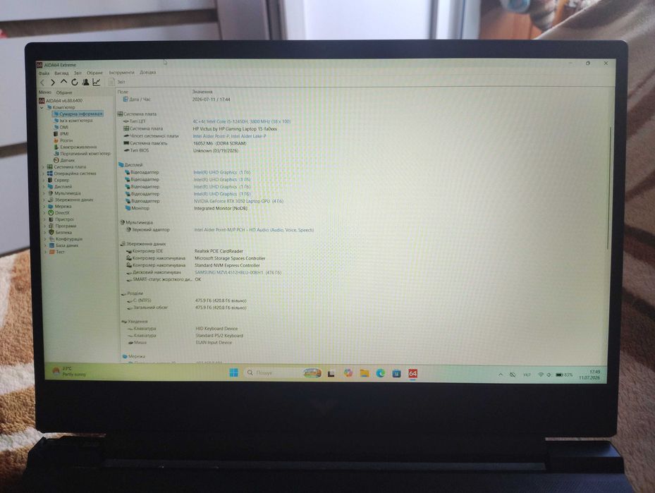 Ноутбук HP Victus 15.6" 144Hz (i5-12450H/16/512/RTX3050 4GB)