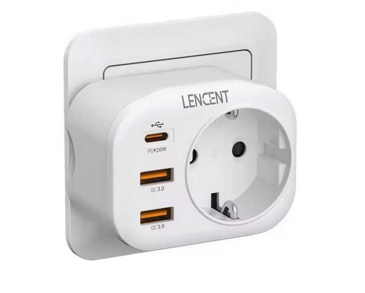 LENCENT gniazdko ładowarka 4 w 1, 2x USB-A, 1x USB-C Pd,