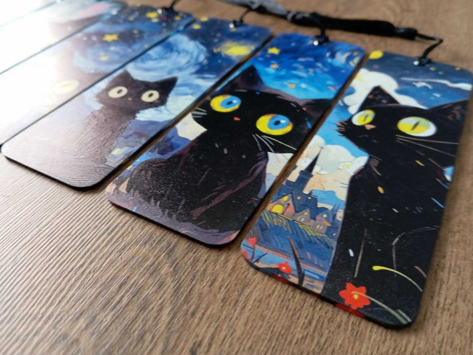 6 plastikowych zakładek do książek. Czarne koty nocą