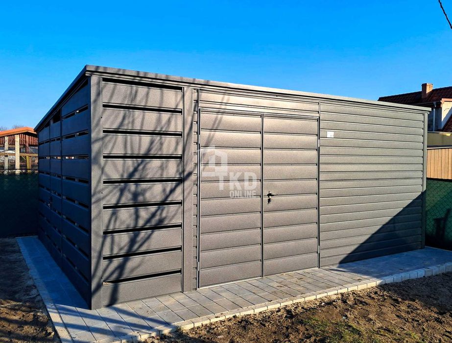 Garaż blaszany - schowek - 4,5x4,5m + wiata 1m 2x drzwi dach  TKD249