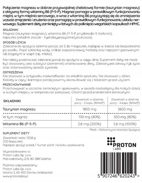 proton labs taurynian magnezu 3600 mg + wit b6 p-5-p p5p 120 kaps