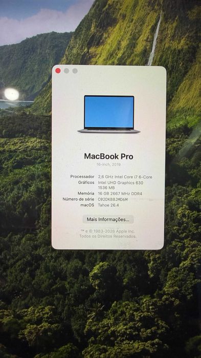 Macbook Pro 16" 2019, 2,6GHZ Intel Core i7 6-Core, 16GB, 512 SSD, excelente estado! Cinzento espacial, único dono, muito bem cuidado!