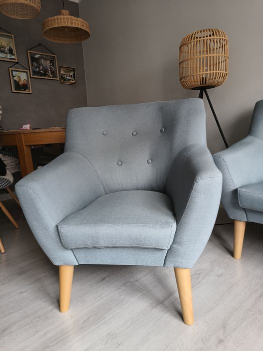 Sofa , fotel, pufa szaroniebieski zestaw