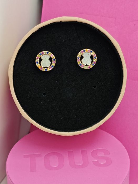 Kolczyki z misiem różowe srebro vermeil 925 z masą perłową i szafirami