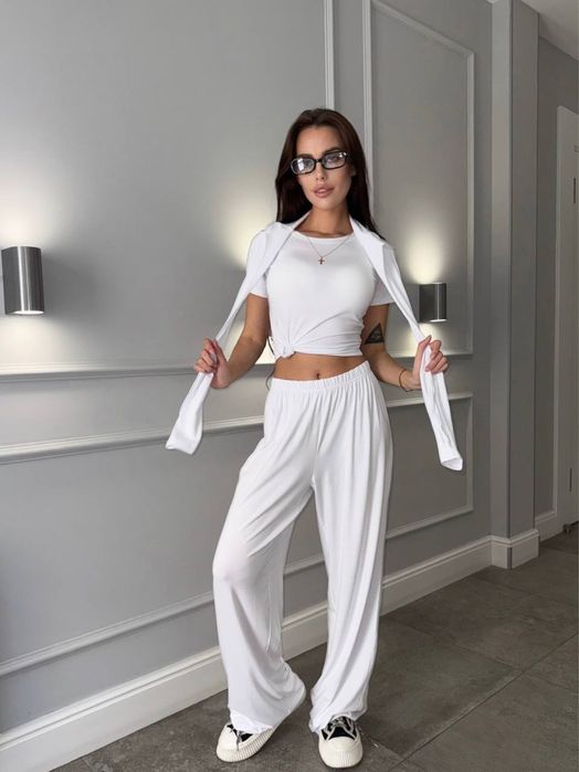 Жіночий комплект трійка  футболка+лонг+штани плаццо, футболка скімс