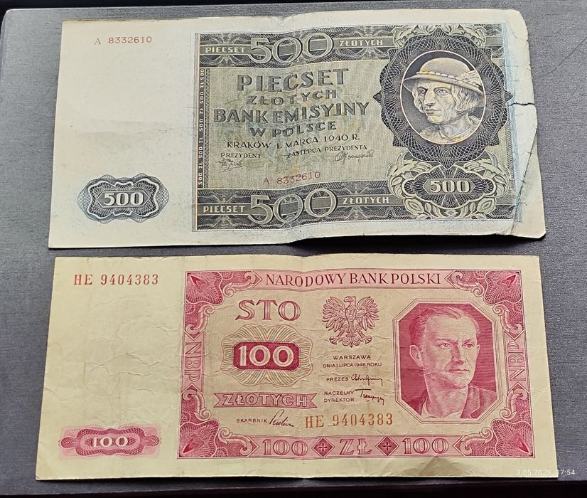 500 zł 1940 oraz 100 zł 1948