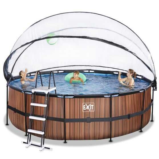 Basen Exit Wood brązowy okrągły 450 cm składany dach kopuła pompa