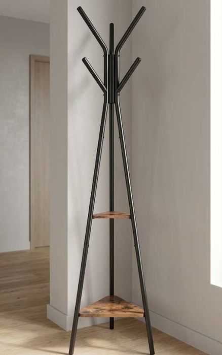 Wieszak Metalowy Stojący na Ubrania Akcesoria 2 Półki Postarzany Dąb Czarny Loft 180cm