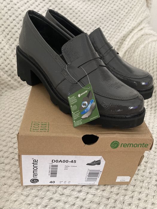 REMONTE mokasyny skórzane damskie lakierek szare 40