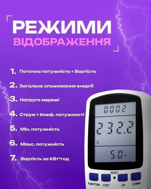 Ватметр 3680Вт 16A | Лічильник електроенергії | Вольтметр Амперметр | Енергометр розетка