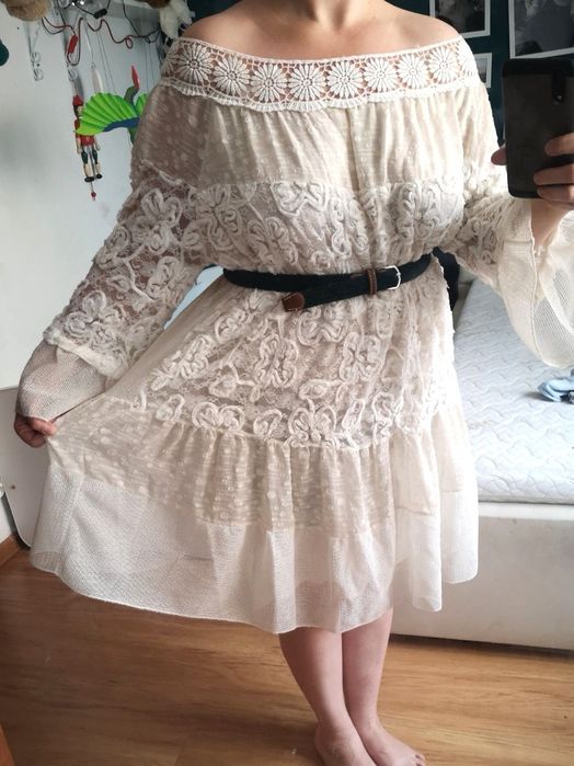 Sukienka kremowa boho oversize koronka