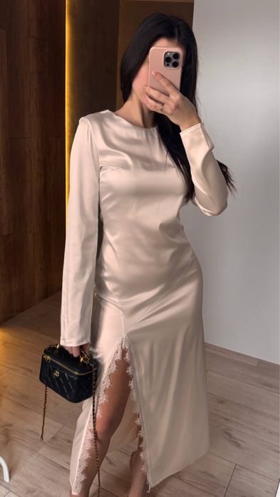 Женское платье длинное шелк+кружево 42-46 Жіноча нарядна сукня шовк