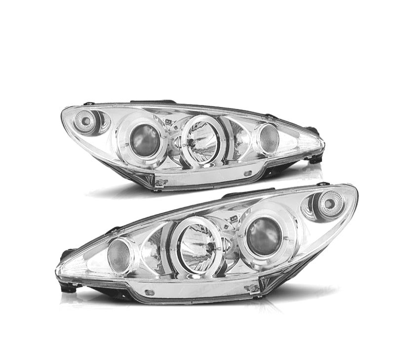 FARÓIS ANGEL EYES CCFL PEUGEOT 206 CONECTOR H4 98-06 FUNDO CROMADO
