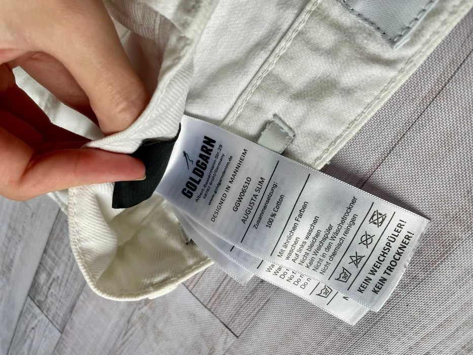 Goldgarn Denim jeansy białe rurki z dziurami elastyczne 100% bawełna