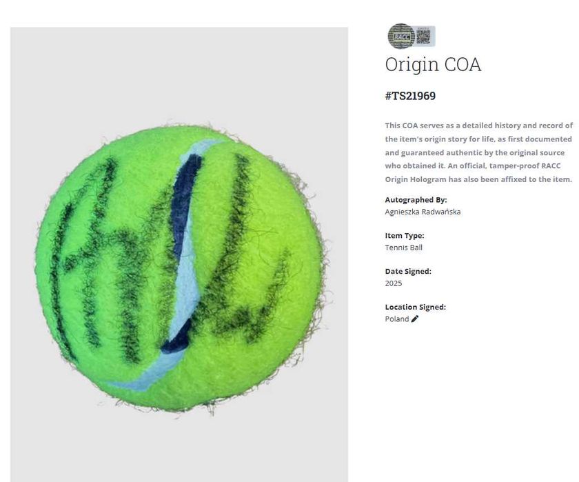 Agnieszka Radwańska US Open Wilson piłeczka tenis z autografem + cert.