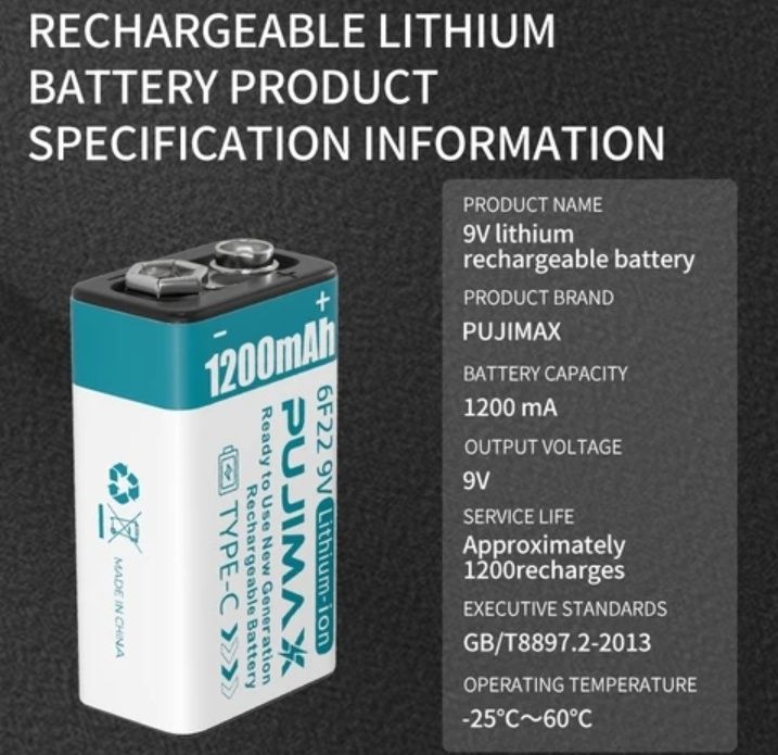 PUJIMAX Аккумулятор 1200 мА/h Крона 6F22 (CR-9V) 9 V, CR123A 3.7 V: 250 ...