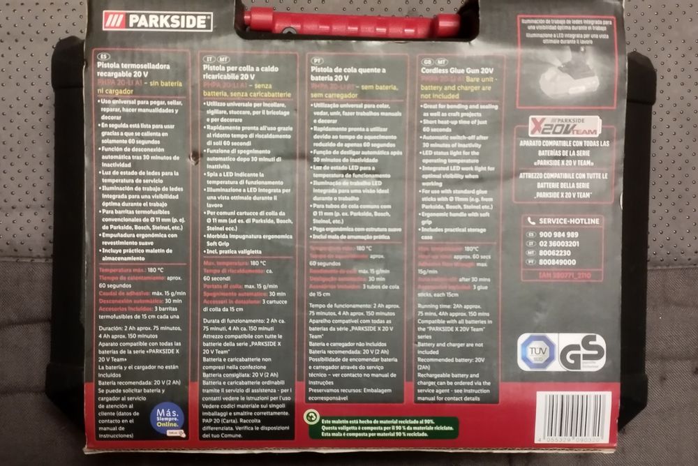 Pistola de cola quente bateria 20V Parkside