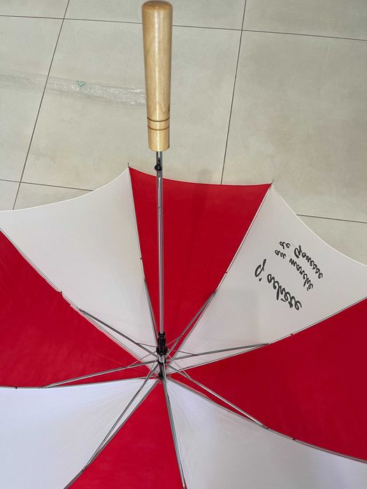 Guarda-chuva vermelho/branco logótipo "J'achète au marché de Gonesse"