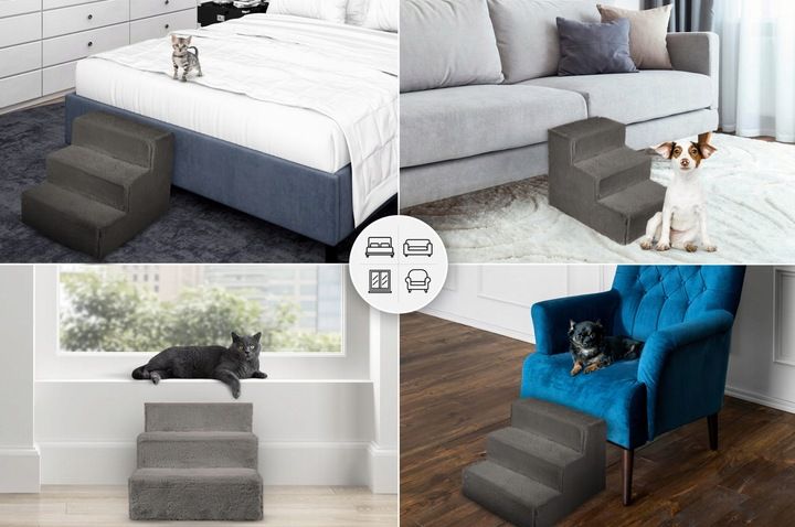 Schodki Dla Psa 3-stopnie Tapicerowane Ciemnoszare Podest Dla Psa Do K