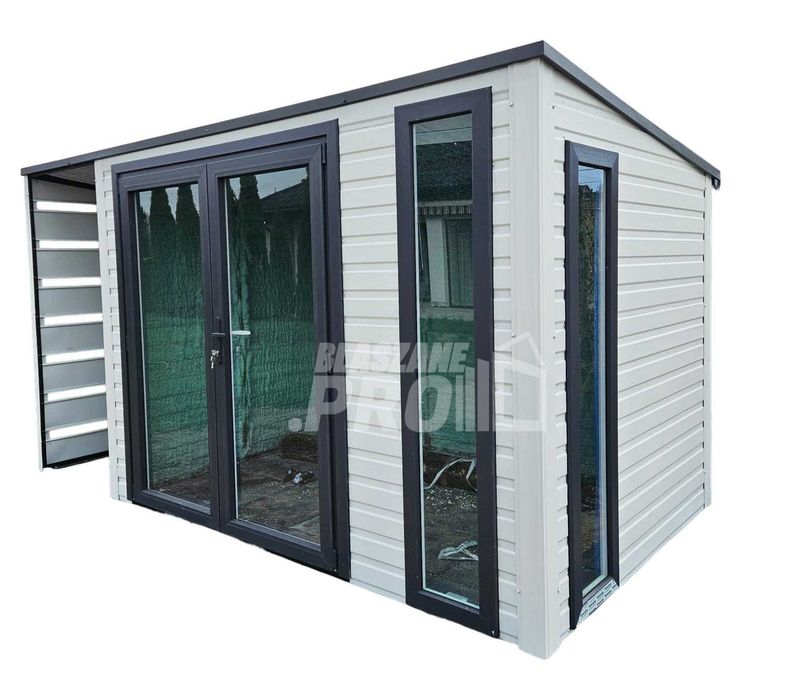 Schowek – domek ogrodowy 3,5×2 m + wiata 1×3 m biały – antracyt  GP748
