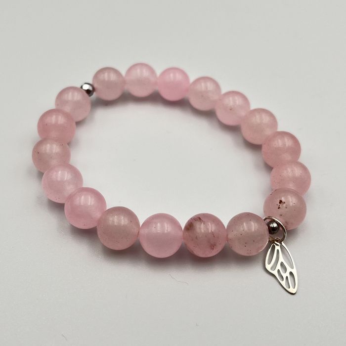 Bransoletka kwarc różowy, hematyt i srebro