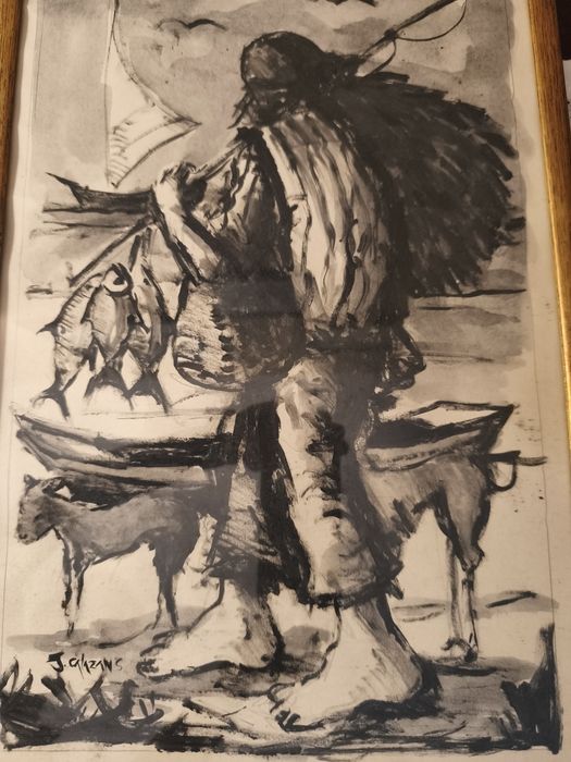 Desenho a carvão assinado pelo autor emoldurado