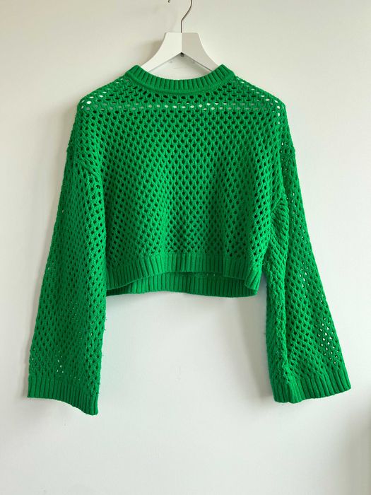 Ażurowy crop top krótki zielony dzianinowy szerokie rękawy XL