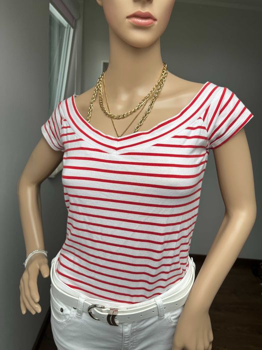 Bluzka Primark Odkryte Ramiona Bawełna, Rozm. S-M biało-czerwone paski