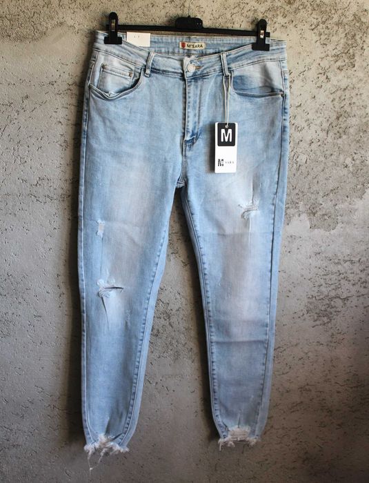 M'SARA jeansowe spodnie skinny r.44/46 mega dziury, strzępienia