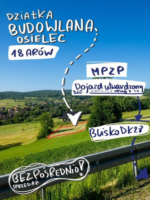 Działka budowlana 18 arów – Osielec | MPZP | przy DK28 | blisko: Jordanów