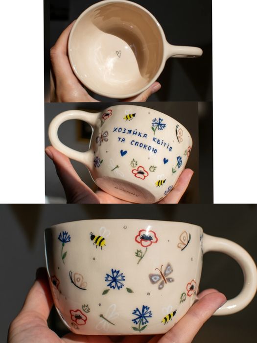 Чашка ручной работы керамика авторская в цветочек  на подарок