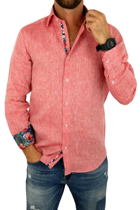 GIOVANNI PERA Koszula Męska GPL3 Czerwona LEN, Wykończenie Kolorowe