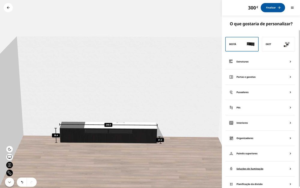 Móvel TV IKEA Besta preto 4 gavetas e vidro à medida 2.4m largura