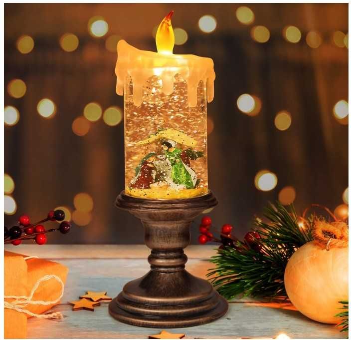 Śnieżna latarnia świąteczna w kształcie świecy wzór szopki  Belle Vous