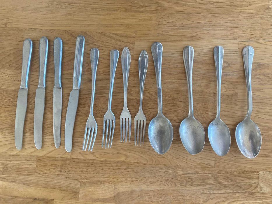 Sztućce aluminium PRL vintage łyżka widelec nóż zestaw 12 szt