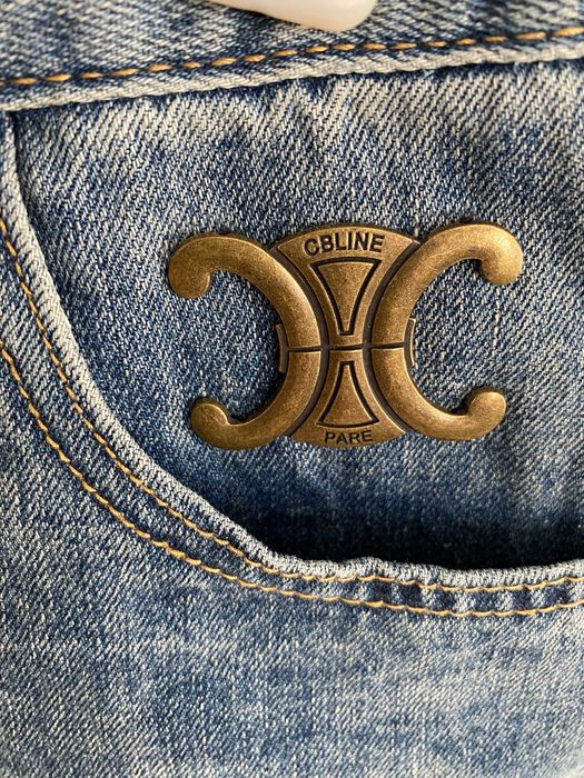 Komplet celine spodenki jeansowe + t-shirt łaty złote okucie