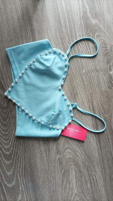 Cudny błękitny top serduszko perełki S