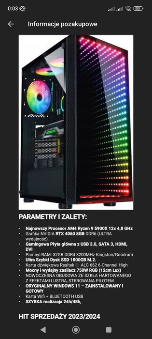 Komputer Gaming PC Ryzen 9 5900X / RTX 4060 / 32GB RAM / SSD 1TB / RGB