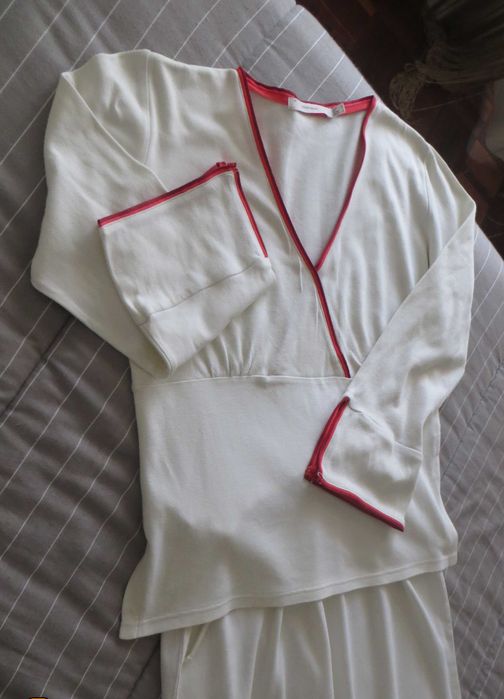 Pijama Woman Secret - Bege e orlas a vermelho - Tam. 36 - 100% algodão