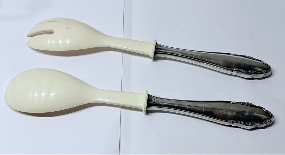 Talheres de salada vintage WMF com banho em prata e celluloíde
